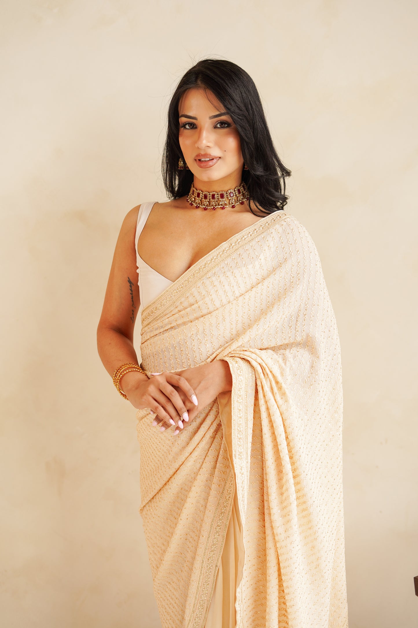 Beige Cleo Easy-Drape Saree