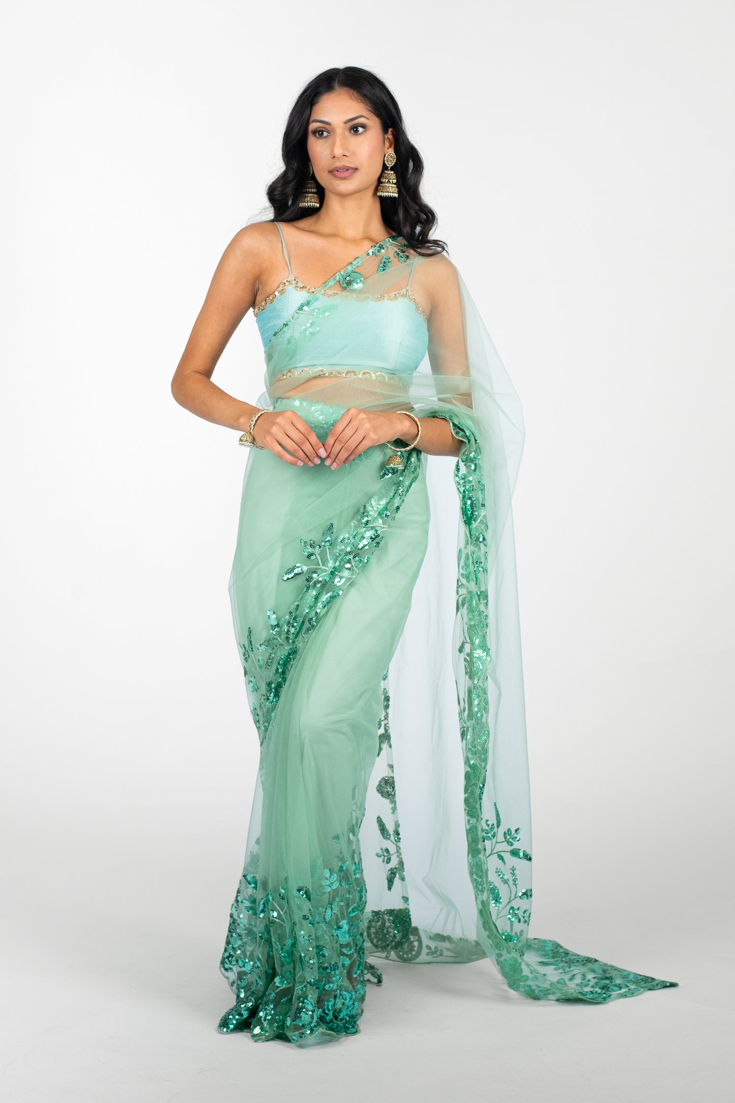 Seafoam Opulence Easy-Drape Saree