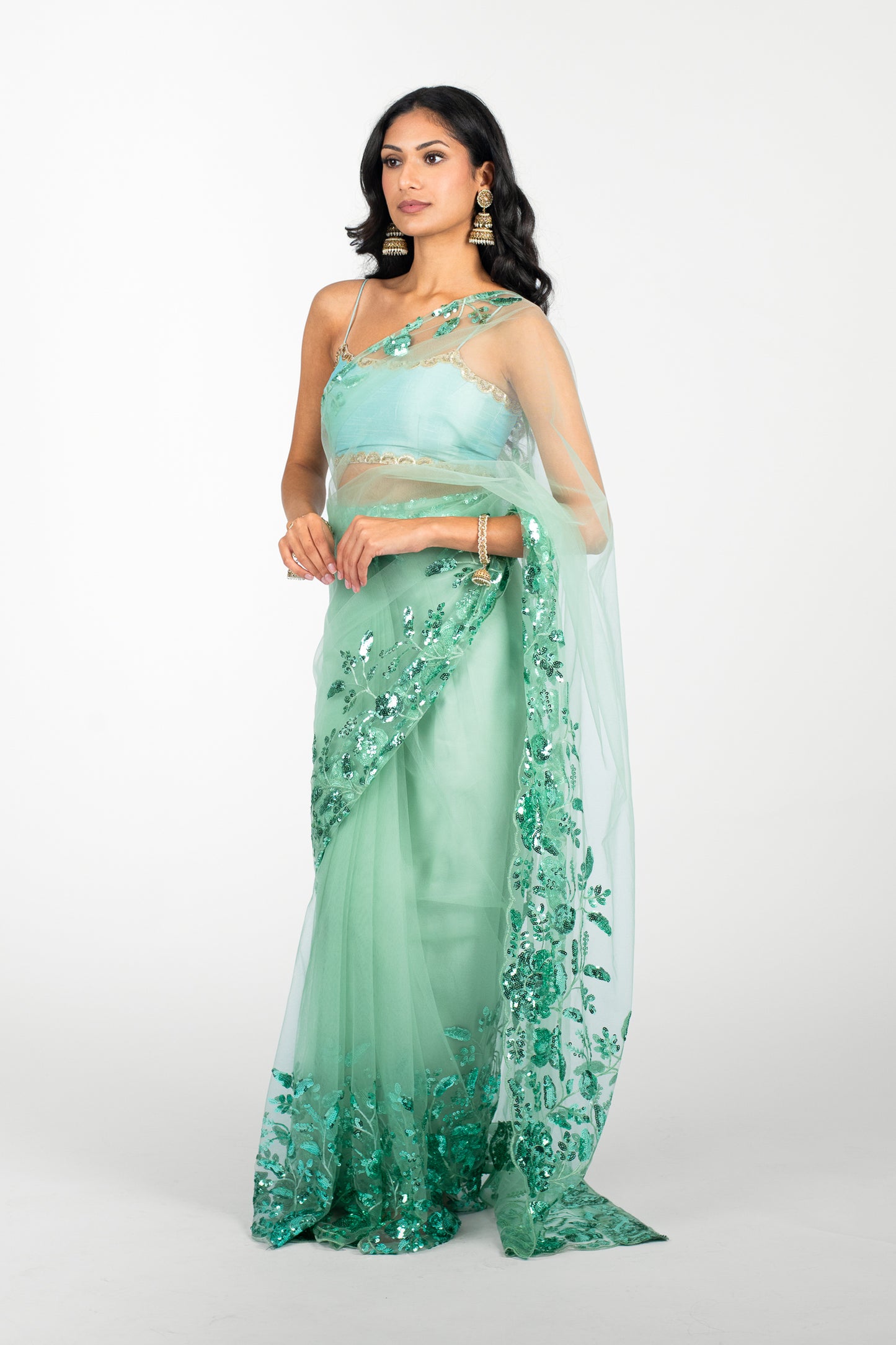 Seafoam Opulence Easy-Drape Saree