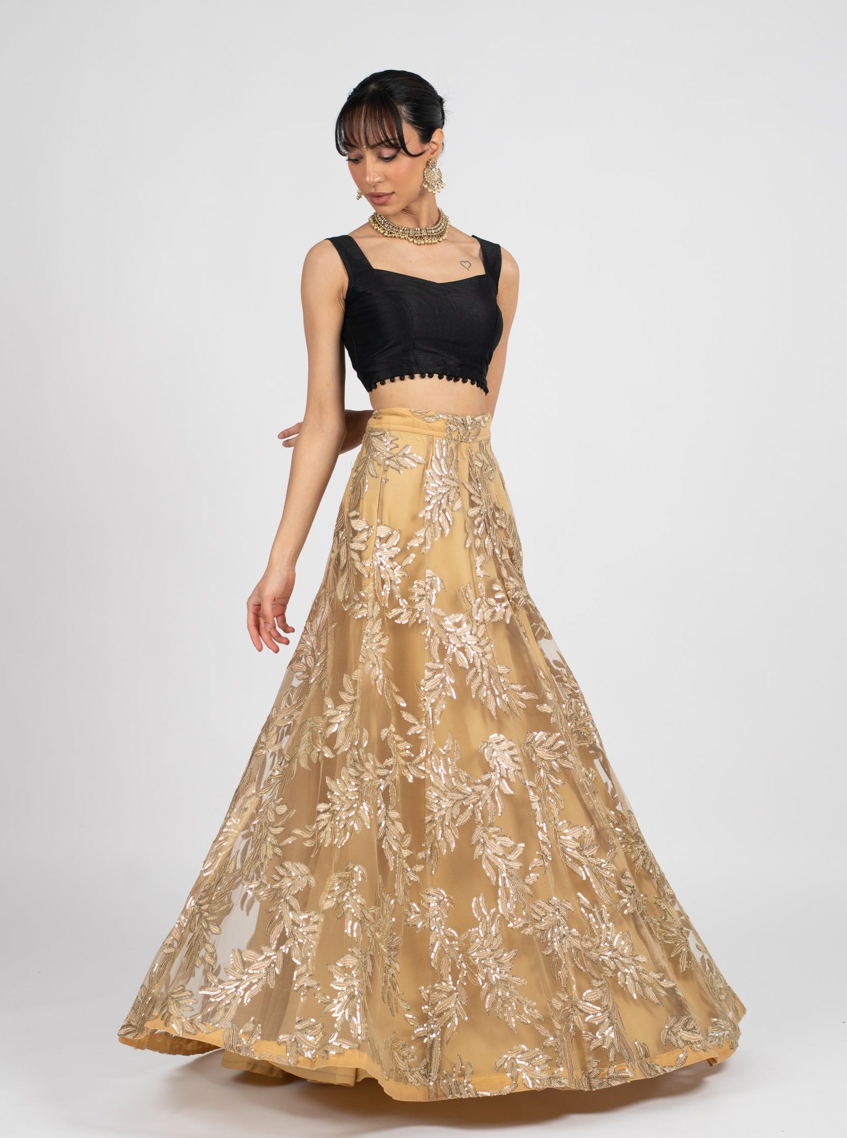 Studio Shringaar Black & Golden Solid Lehenga Skirt with Zari Border -  Absolutely Desi